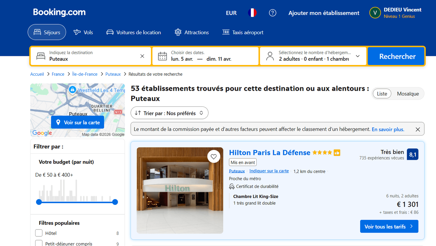 Screenshot of the public price for Hilton Paris La Défense