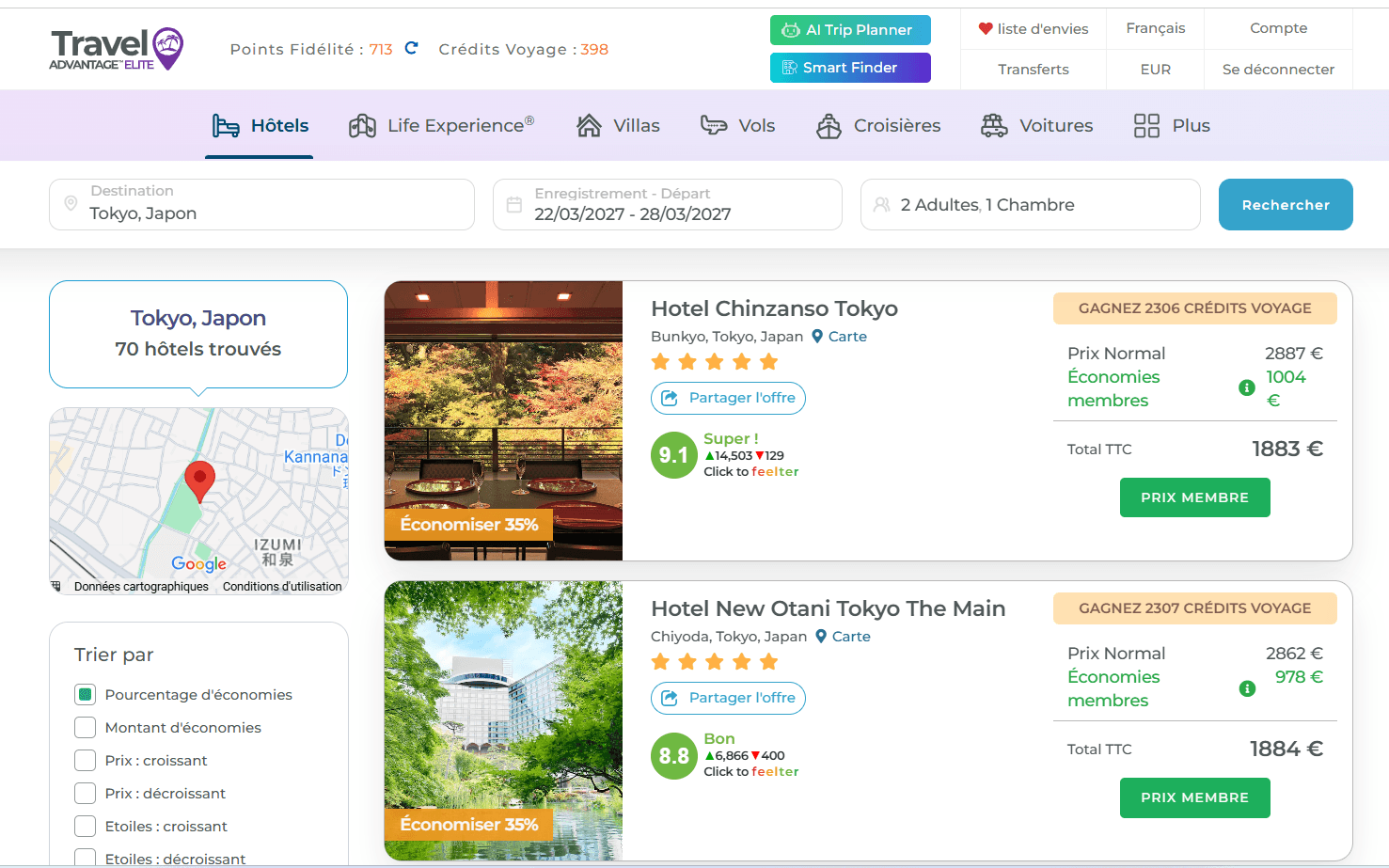 Screenshot of the Travel Advantage price for the 5-star hotel in Tokyo