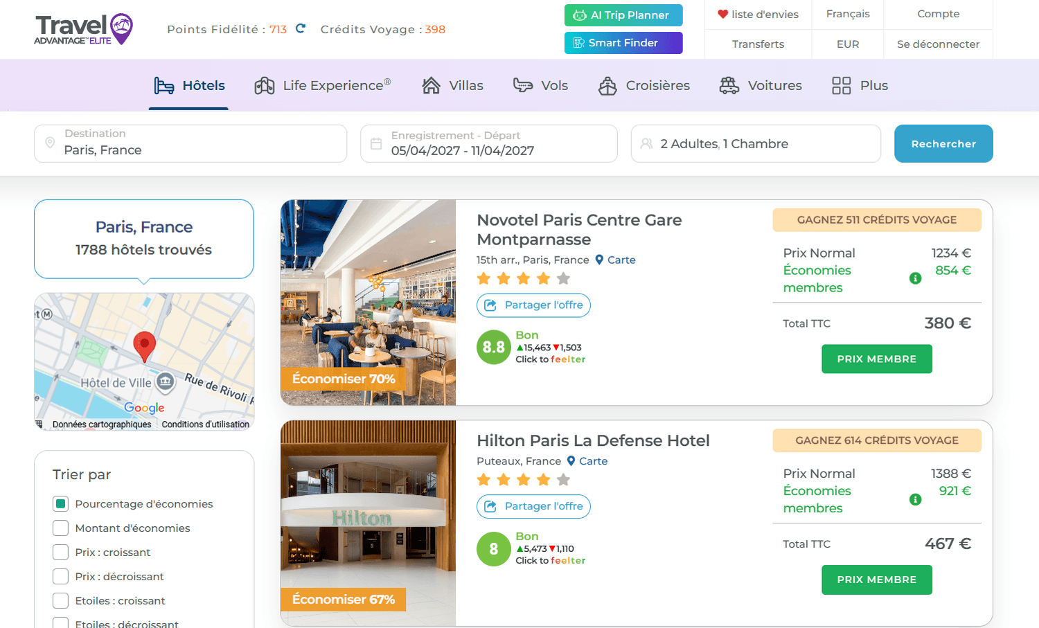 Screenshot of the Travel Advantage price for Hilton Paris La Défense