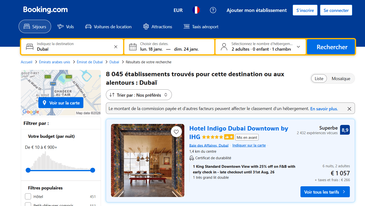 Screenshot of the public price for Hotel Indigo Dubai Downtown by IHG