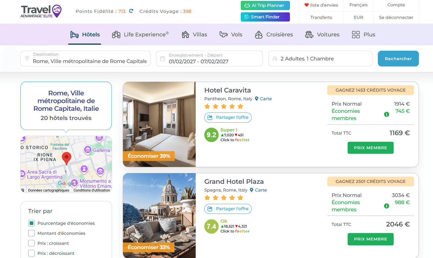 Screenshot of the Travel Advantage price for Hotel Caravita
