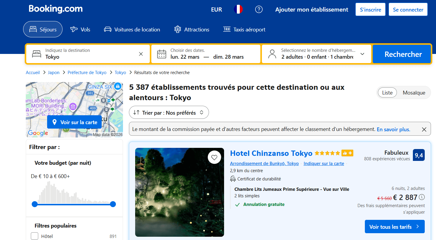 Screenshot of the public price for the 5-star hotel in Tokyo