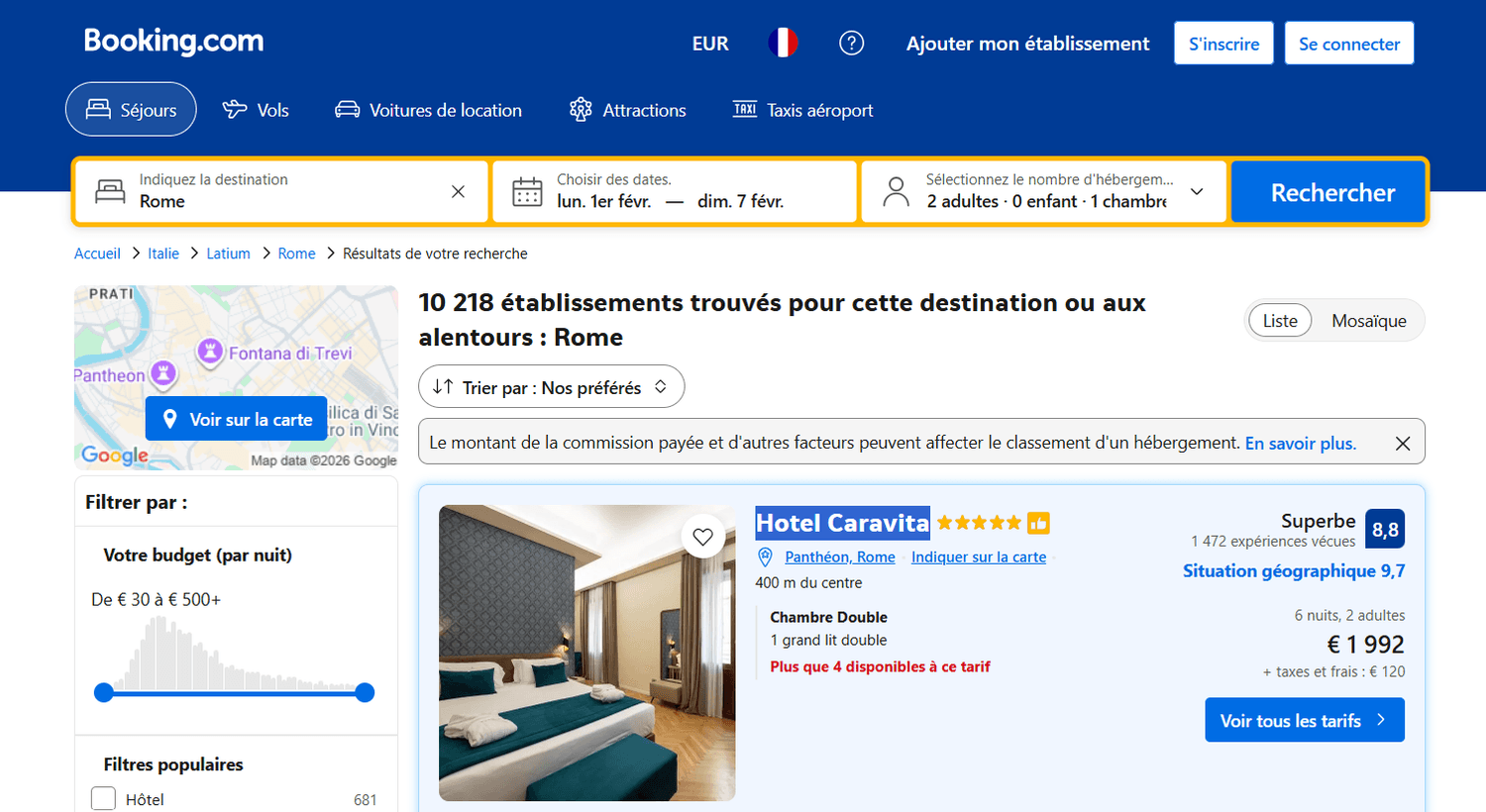 Screenshot of the public price for Hotel Caravita